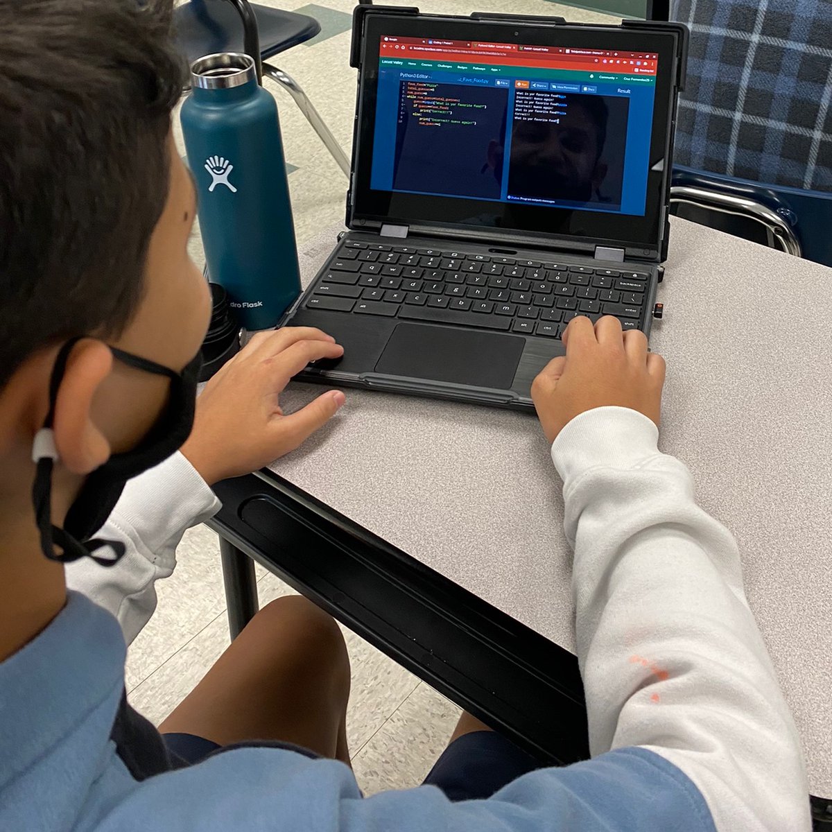cusanoMATH's tweet photo. Creating games in class?! Sign me up! Today we practiced using "while" loops by creating a game where users have to guess your favorite food! Each student swapped chromebooks and played each other's version of the game! @CodeMakeOwn  @lvcsd #Python #cusanoMATH #iteachmath https://t.co/grI3ZNKeky