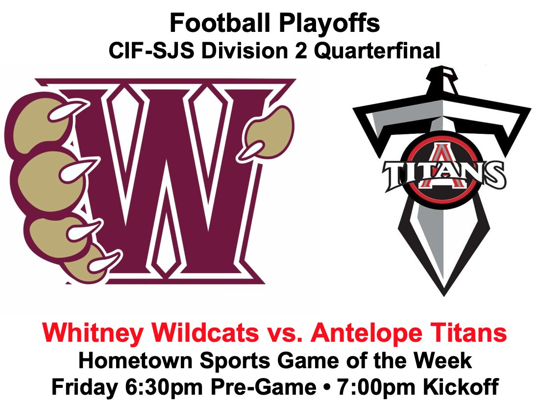 Live Playoff Football on TV Friday. D-2 Quarterfinal <a href="/WhitneyFootball/">Whitney Football</a> vs <a href="/AntelopeTitans/">AntelopeTitans</a> on Cable 17 or streaming from bit.ly/NFHS_AcSac News article at wp.me/p4xBOL-agt <a href="/GoodyGivinGame/">Goody</a>