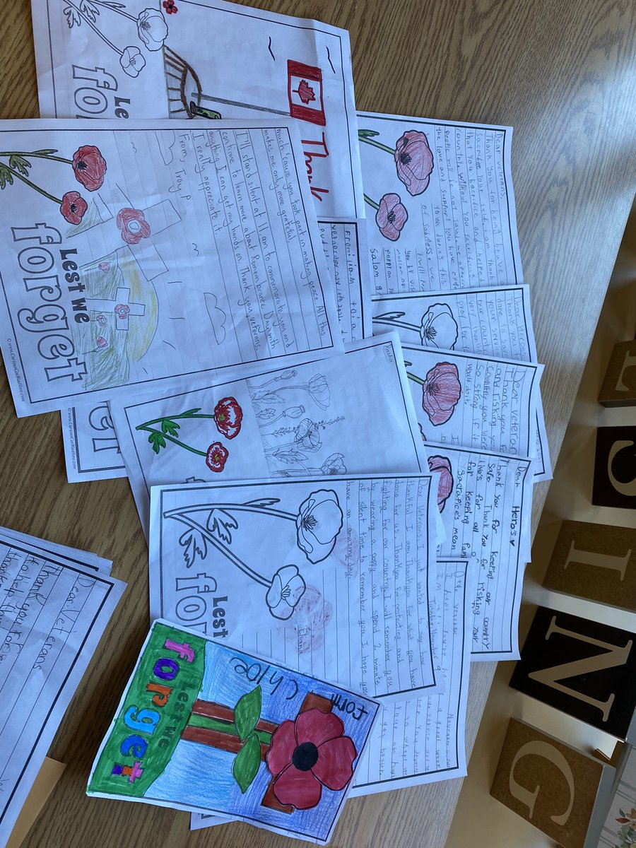 Msoshaughnessy1's tweet photo. Delivered some thank you letters to the veterans living at Peter D Clark long term care home. I am so impressed with the thoughtful words of gratitude written by the grade 5/6s. @StRoseLimaOCSB #RemembranceDay2021 #ocsbBeCommunity https://t.co/mJqqJ0eDdE