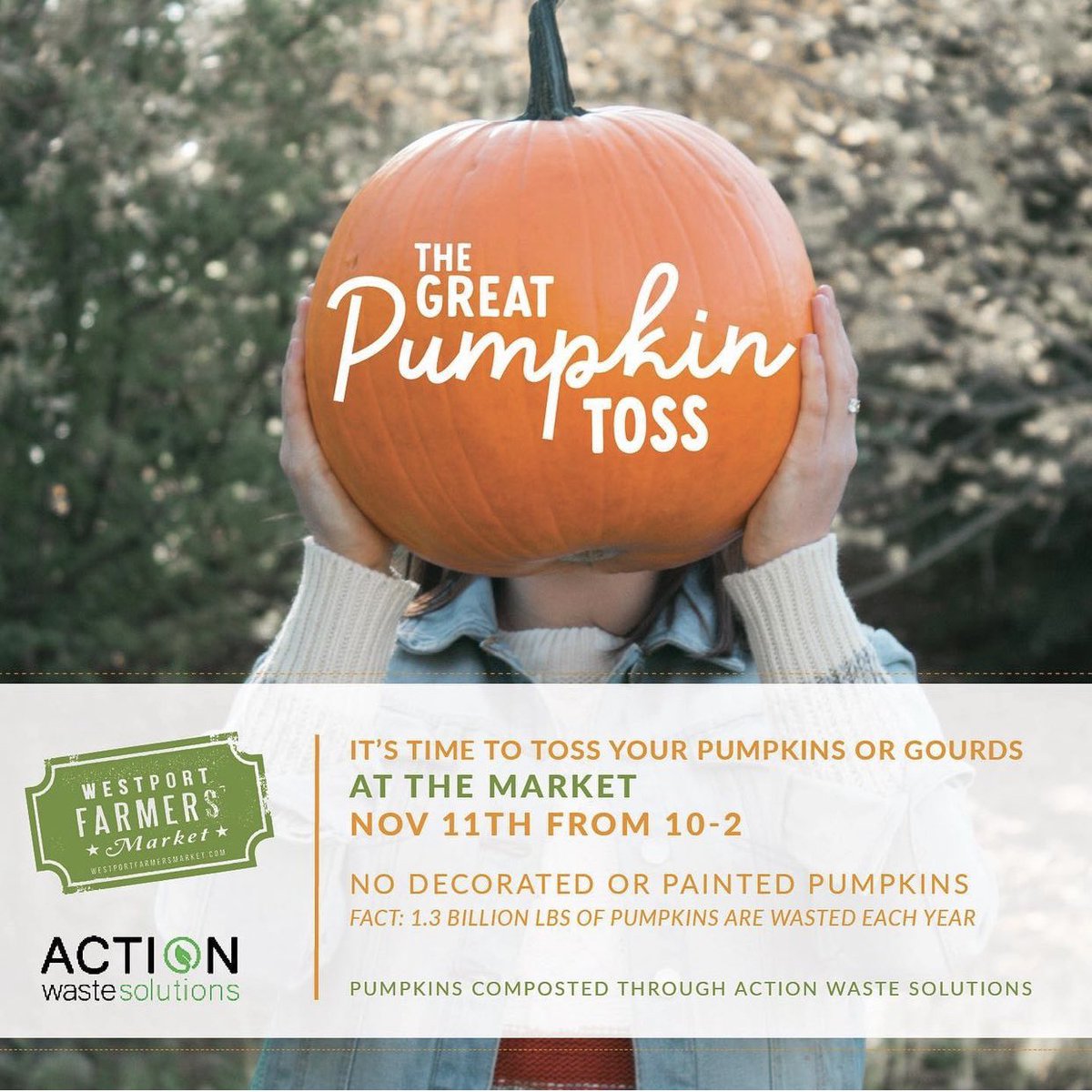 MRWC_Fairfield's tweet image. Action Waste Solutions is hosting their annual pumpkin composting toss at the @WestportFarmMkt tomorrow 10am-2pm - a great opportunity for all who cannot compost their 🎃 🎃 locally to keep pumpkins out of their general household waste.

#FairfieldCT #Composte #ReduceFoodWaste