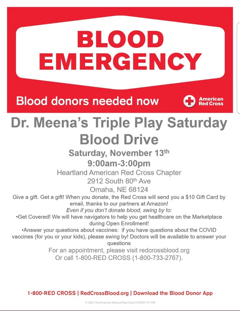 DrsMeena's tweet photo. Omaha &amp; surrounding areas: there is an critical blood shortage &amp; you can help save a life.
PLEASE sign up 👇!
Bonus: $10 Amazon gift card; awesome music (promise!); you can sign up for health insurance; AND docs on sight to answer your COVID questions!
So spread the word! https://t.co/icwD28vvjQ