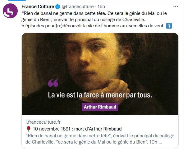 Il y a 130 ans, le 10 novembre 1891, disparaissait Arthur Rimbaud. Ces dernières 24 heures, des milliers de messages venus du monde entier ont convergé vers Charleville, confirmant si besoin le statut iconique de notre enfant terrible. #Rimbaud vivant ? Une évidence !