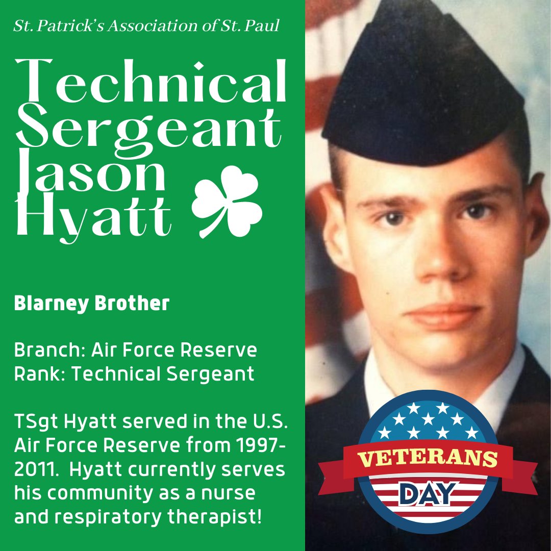 StPatsMN's tweet photo. Today we honor the service of TSgt Jason Hyatt! 🇺🇸 TSgt served in the U.S. Air Force Reserve from 1997 to 2011. Hyatt currently serves his community as a nurse and respiratory therapist, as well as volunteering as a Blarney Brother! https://t.co/FT6URm3h21