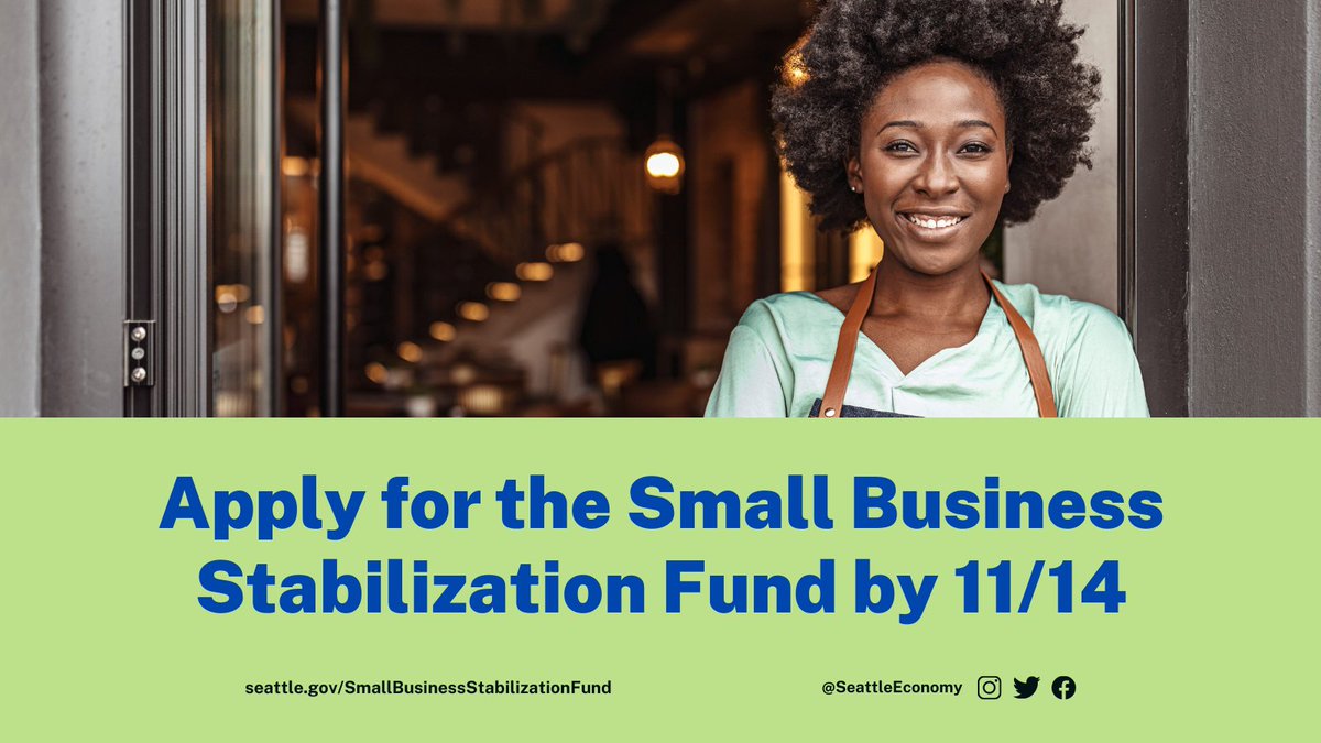 We’re extending the application deadline of <a href="/SeattleEconomy/">Seattle OED</a>’s Small Business Stabilization Fund to 11/14 to ensure small businesses and organizations have time to apply for the additional vaccination verification funding. Visit seattle.gov/SmallBusinessS….