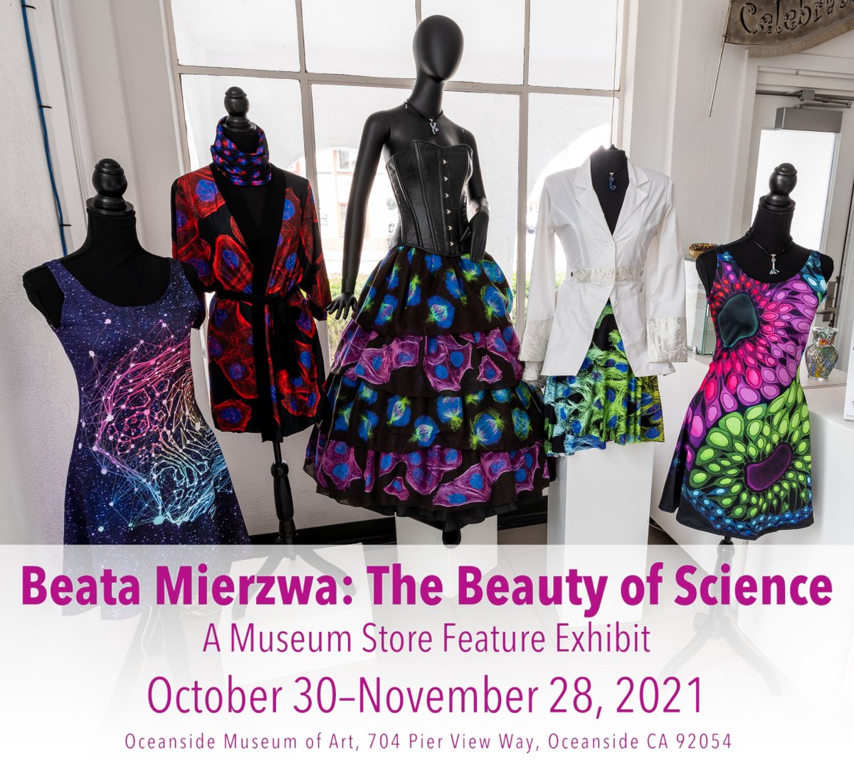 🤩 My science art is in a museum! What a wonderful dream come true! Check out the exhibition at the wonderful @oceansidemuseum, showcasing my #SciArt and #ScienceFashion. If you're in the area, I'd love to see you at the celebration event on 11/20 at 6 pm! oma-online.org/beata/