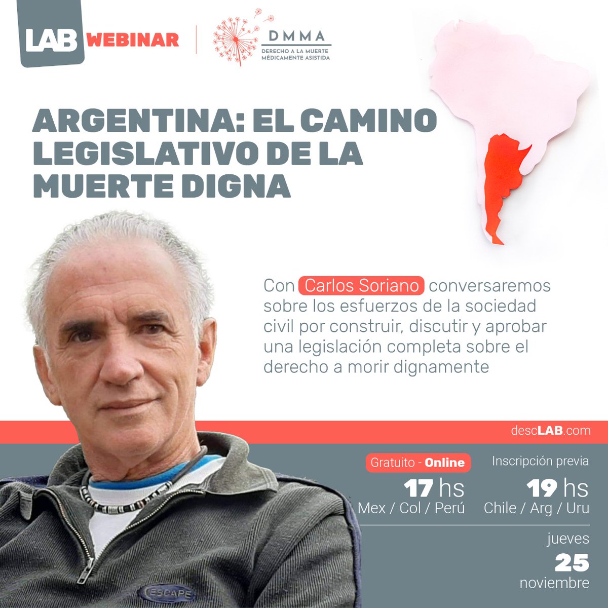 eutanasialegal's tweet photo. 📢25/11
Nuestro compañero de #DMMAarg @pecassoriano, coautor del proyecto de #leyAlfonso, y @DescLABcol, hablarán de los esfuerzos de la sociedad civil por alcanzar una legislación integral sobre el derecho de fin de vida.
⏰19 (Arg)
🖥#gratuito Registro: https://t.co/2uR2pUNoqn https://t.co/I8uM80xlSP