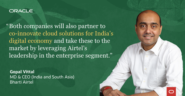 CarolSato's tweet photo. .@Oracle and Bharti Airtel @airtelindia India’s premier communications solutions provider, have extended their partnership by bringing a range of industry leading #cloud solutions to more than 1 million enterprise customers. https://t.co/Q7WaKDjr9y https://t.co/PwQlMQjX8I