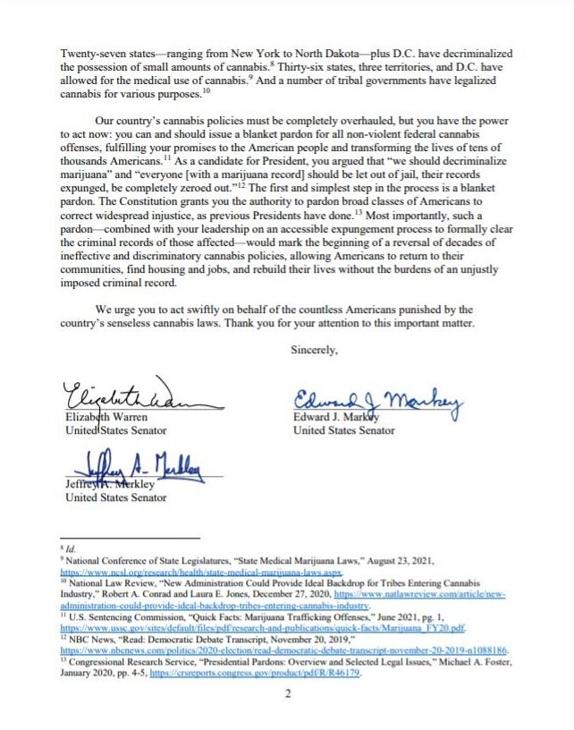 SenWarren's tweet photo. For too long, our country's senseless cannabis laws have disproportionately punished Black &amp; Brown communities. My colleagues &amp; I are urging @POTUS to use his executive authority to issue a pardon for all non-violent federal cannabis offenses. https://t.co/aL6nADP5uz