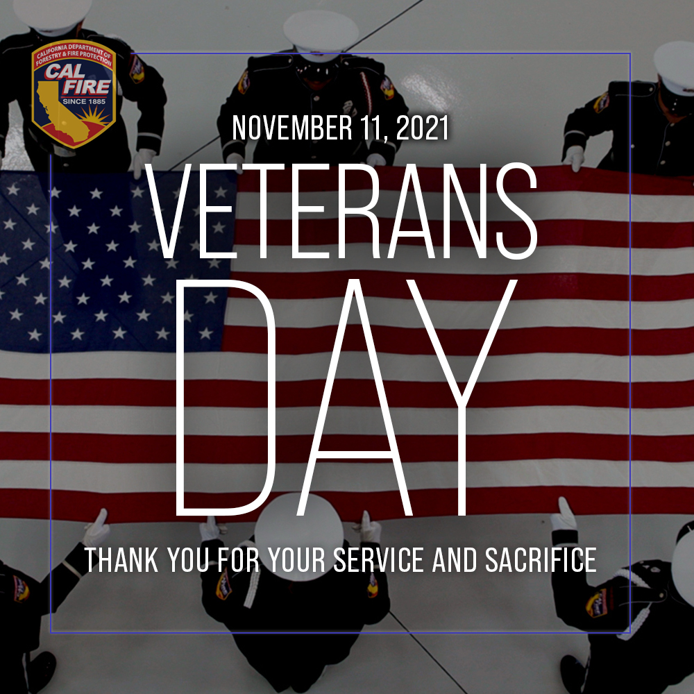 CAL_FIRE's tweet photo. This #VeteransDay, CAL FIRE wants to express our gratitude to Veterans, active service members, and their families, especially those that are part of the CAL FIRE family, who have served and sacrificed for our country. Thank you! https://t.co/56o3keRqrQ