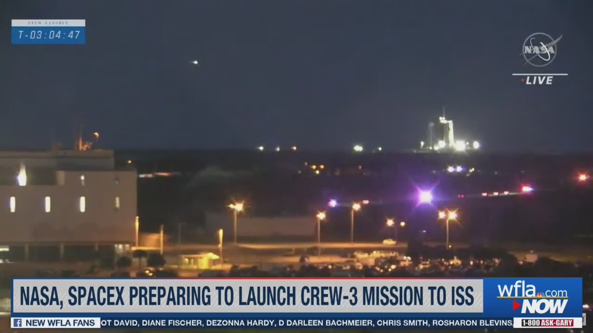 WFLA's tweet photo. COUNTDOWN TO LIFTOFF: @WFLAamanda will be live from the Kennedy Space Center on #WFLANow with @WFLAJB at 6:15 p.m. breaking down what to know about the NASA SpaceX Crew-3 launch. https://t.co/5JVPBJ5w7f #HeyJB #HeyAmanda https://t.co/aoHlt49ywq