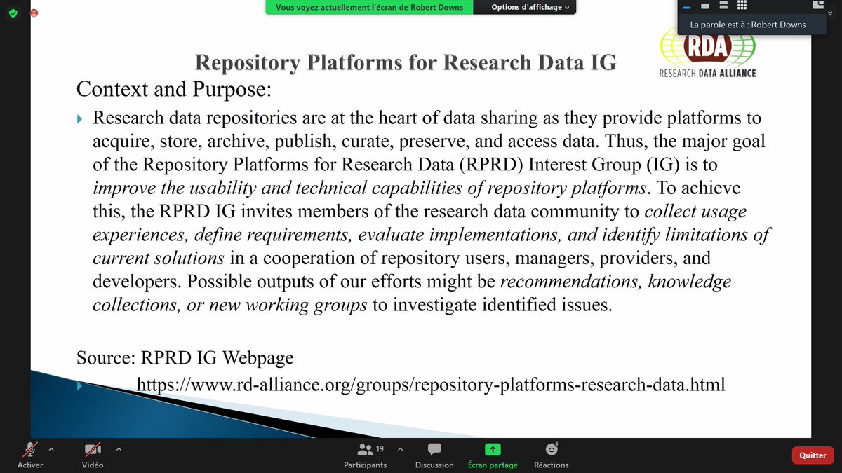 Romain_DAVID_13's tweet photo. Now #RDAPlenary session "IG  Repository Platforms for Research Data, IG  Domain Repositories: Cooperative Innovation Among Resilient Repository Platforms for Open Research Data": Robert Downs introduction . Happy to see some colleagues here @PARSEC_News @ShelleyStall @gaparton https://t.co/bAqlXlZRtz