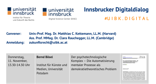 MCKettemann's tweet photo. Was ist das „psychotechnologische Arsenal“ der Gegenwart? Wie werden Nutzer*innen beeinflusst? Wie schaut es mit #MicroTargeting aus? Erfahren Sie mehr morgen um 13.30 von @berndboesel im Rahmen des #Digitaldialogs am @DiSC_uibk & @futurelawUIBK @RewiUibk der @uniinnsbruck. https://t.co/nHPgs52nNE