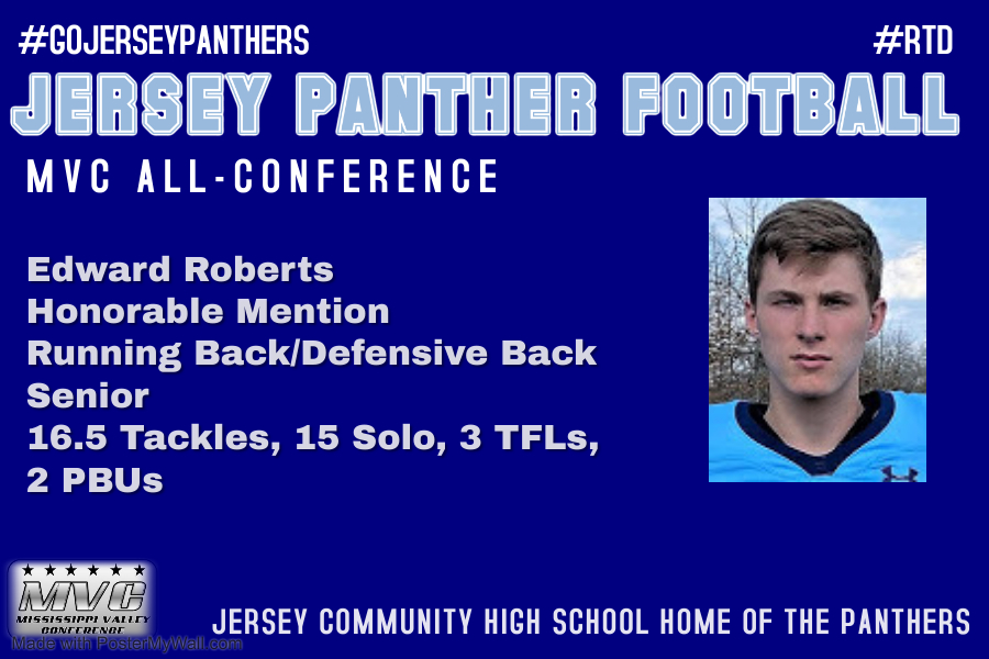 JerseyPantherFB's tweet photo. Congrats to @EdwardRoberts04 for earning Honorable Mention MVC-All Conference at Running Back/Defensive Back.  #GoJerseyPanthers #PantherPride https://t.co/96W3Jnpr0v