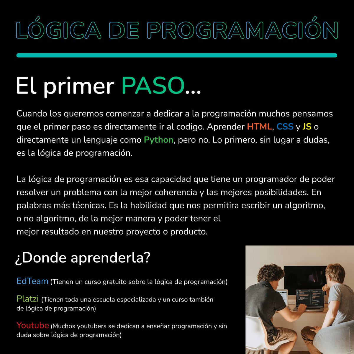 androgavidia's tweet image. Muchas personas que se quieren dedicar a la programación, sin importa la rama, no saben por donde comenzar. Yo estuve en la misma situación y ahora quiero ayudarte con eso.

#desarrolladores #developers #logicadeprogramacion #programacion #programming #programmer #webdeveloper