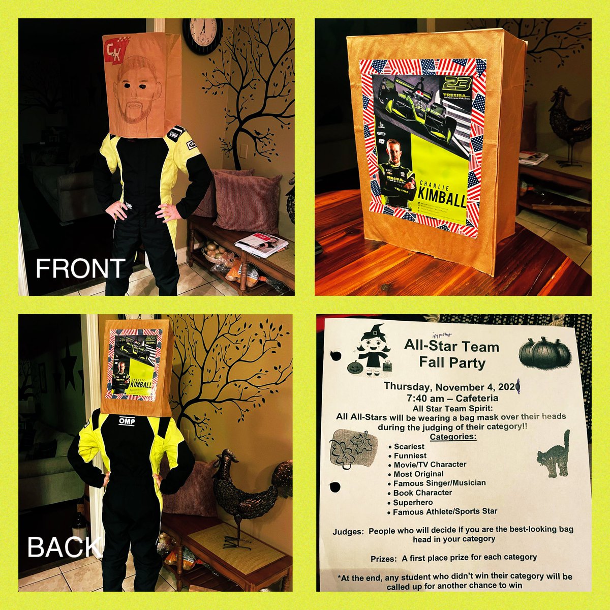 Alex44Jackson4's tweet photo. My little bro JACKSON had a school contest and WON! He had to make a paper bag of &amp; act as ur fav famous Athlete, Person of History, super hero or book character. Jackson chose his fav @IndyCar driver @charliekimball And the teachers voted him 1st Place🏁Mr. CK he hopes u 👀 this https://t.co/rYowcsv4Jn