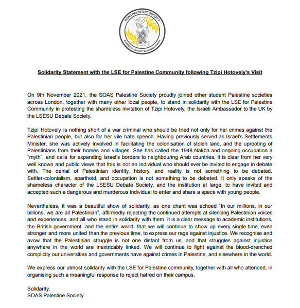 SOAS_Palestine's tweet photo. Please read our solidarity statement with @LSEforPalestine and all who came out to reject the invitation of Tzipi Hotovely to LSE. War criminals, Nakba deniers, and supporters of apartheid have no place on our campuses. 

From the river to the sea, Palestine will be free! https://t.co/E7A6V9YxyT
