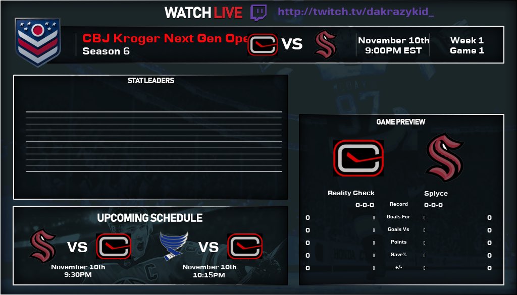RealityCheckNHL's tweet photo. Big first night of @CBJgaming !!! First series against @nhl_splyce and the 2nd against @TheBluesBrosNHL . Come check out our stream over at https://t.co/nWgv46qgoX with the goalie cam!! https://t.co/AnGxetxp2P