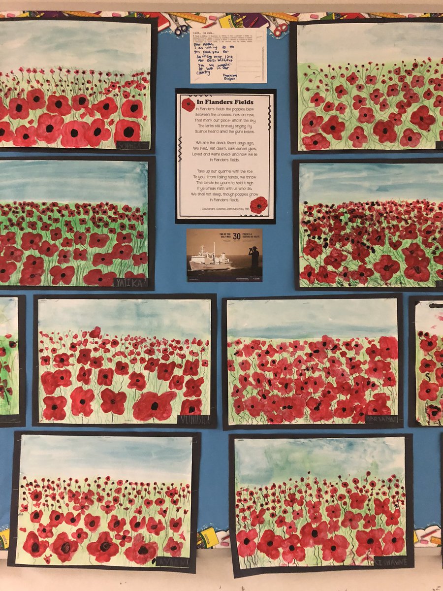 maryfernando29's tweet photo. The Grade 3 Ss learned about the importance of Remembrance Day by writing letters to the veterans. They also painted Flanders Field after a shared reading activity of the poem. #LestWeForget @TDSB_ESPS https://t.co/zIFqfWpJzU