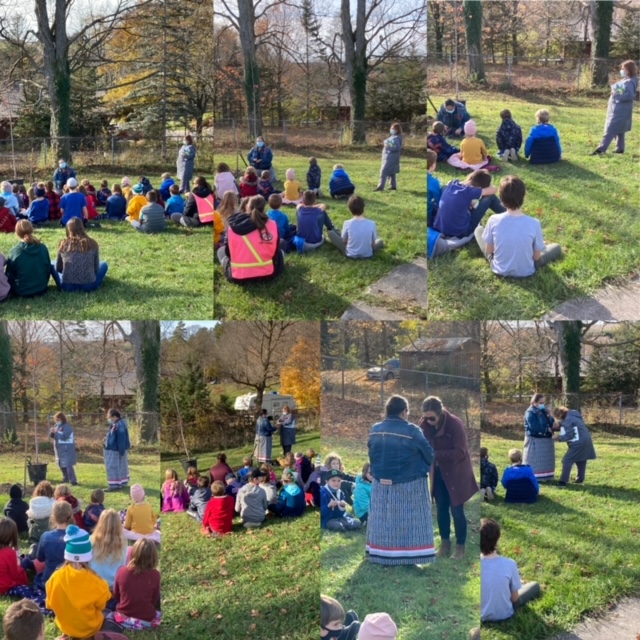 Natalka Pucan, BGCDSB Indigenous Consultant and Gayle Mason, Saugeen First Nation Band Council led us in a smudging ceremony of sage to bless the tree and cleanse our souls. Gayle gave a prayer and an offering of tobacco to the earth and led us in the Ojibwe story of Creation.
