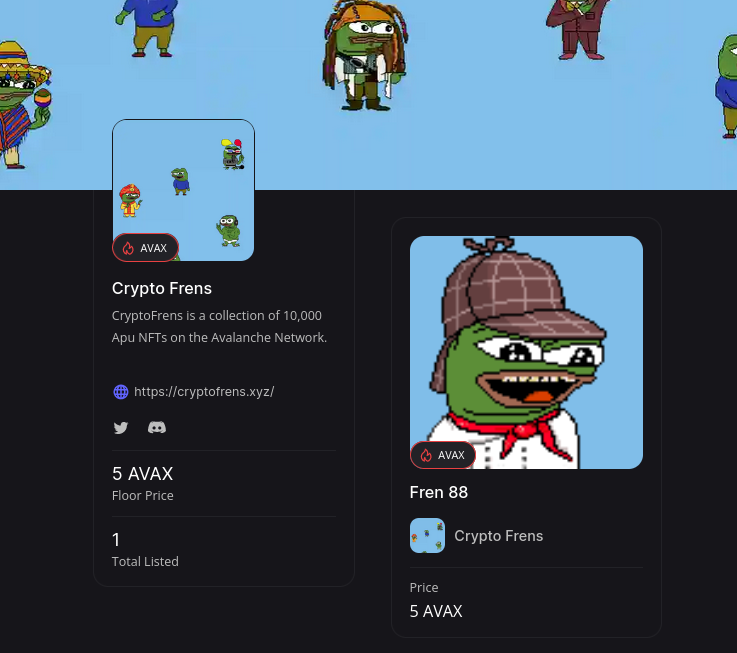 Frens, check out <a href="/NFTShiftMarket/">NFT Shift - AVAX & BSC NFT Marketplace</a>, a new NFT marketplace on #Avalanche &amp; #BSC. And they have just listed Crypto Frens nftshift.io/collection/cry…
