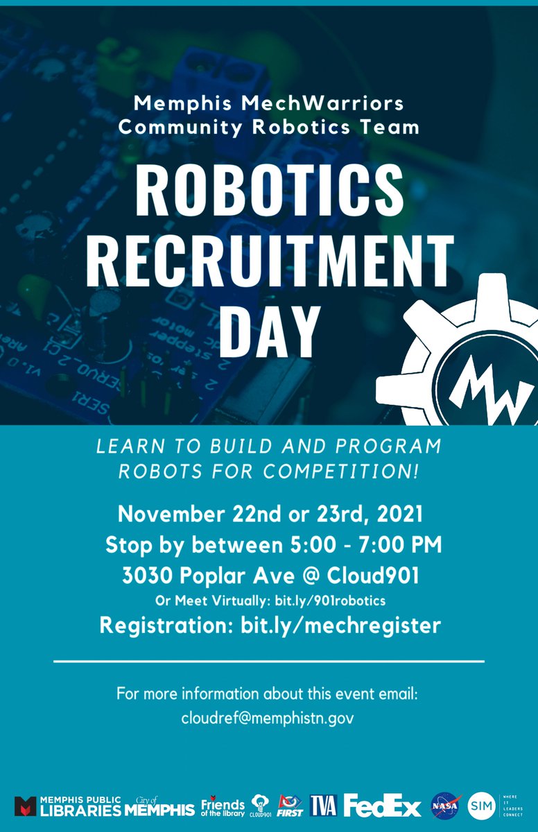 Interested in building and programming robots for national competition? Pop in to one of our Memphis MechWarriors interest meetings on the 22nd or 23rd from 5-7 PM (virtual and in-person options are available).

Register Here: bit.ly/mechregister