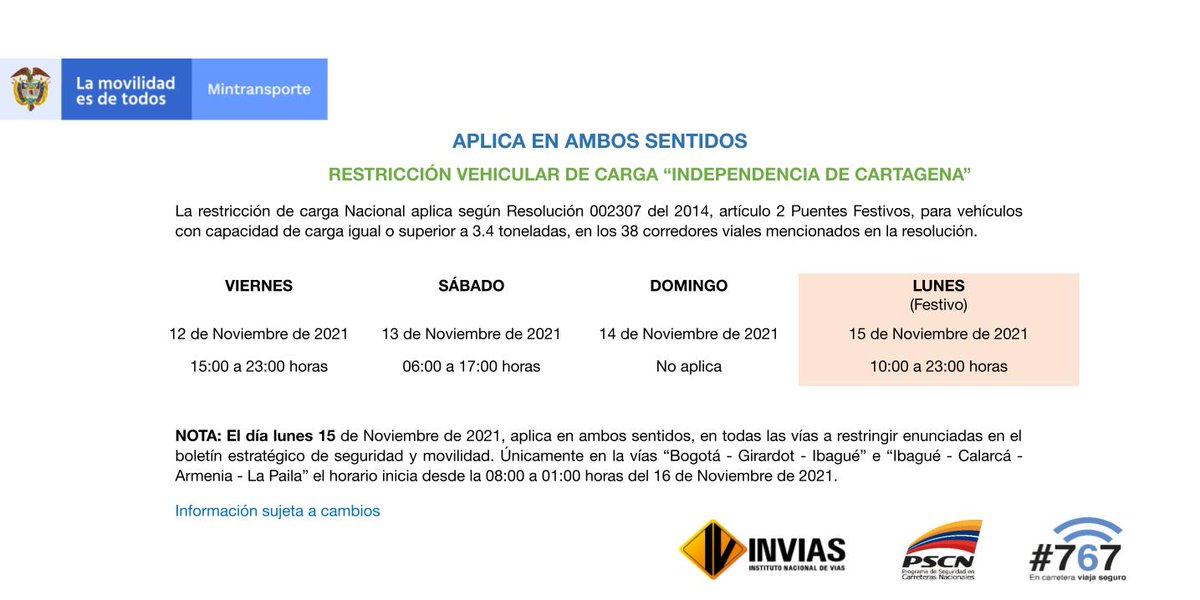 numeral767's tweet photo. ¡Buenas tardes!
 
A continuación la #RestricciónDeCarga Puente Festivo Independencia de Cartagena. 
 
Para consultar el boletín estratégico de seguridad y movilidad completo puedes ingresar al siguiente enlace: https://t.co/9QLblKVNe5
 
Información sujeta a cambios https://t.co/FF7KuahCS8