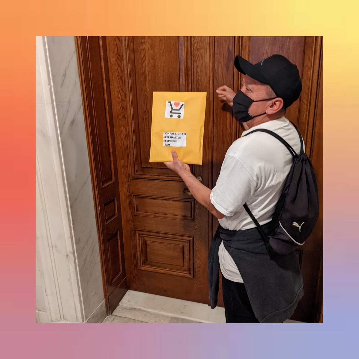 We-- a broad representation of community orgs-- delivered 600+ signed petitions to <a href="/SFMayorsOffice/">Office of San Francisco Mayor London N. Breed</a> <a href="/LondonBreed/">London Breed</a> asking that <a href="/CART_SF/">Compassionate Alternative Response Team - SF</a> be implemented NOW AND through the <a href="/SF_DPH/">SFDPH</a>- Behavioral Health to ensure that the intent of this solution approved by the <a href="/sfbos/">Board of Supervisors</a> is RESPECTED!