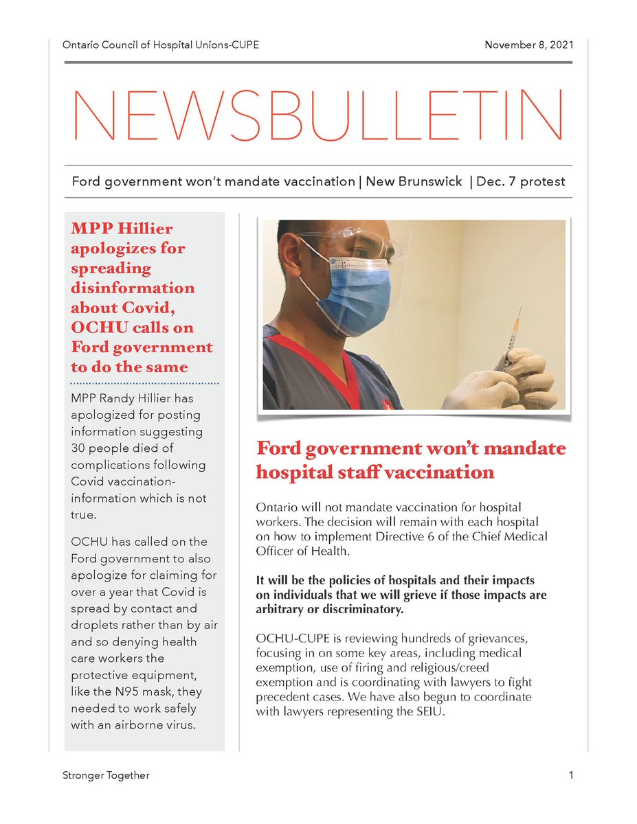 CUPELocal145's tweet photo. Nov 8/2021 - OCHU News Bulletin.

Better late then never! Ford Government won't mandate vaccination. https://t.co/SfYIS7CuD1