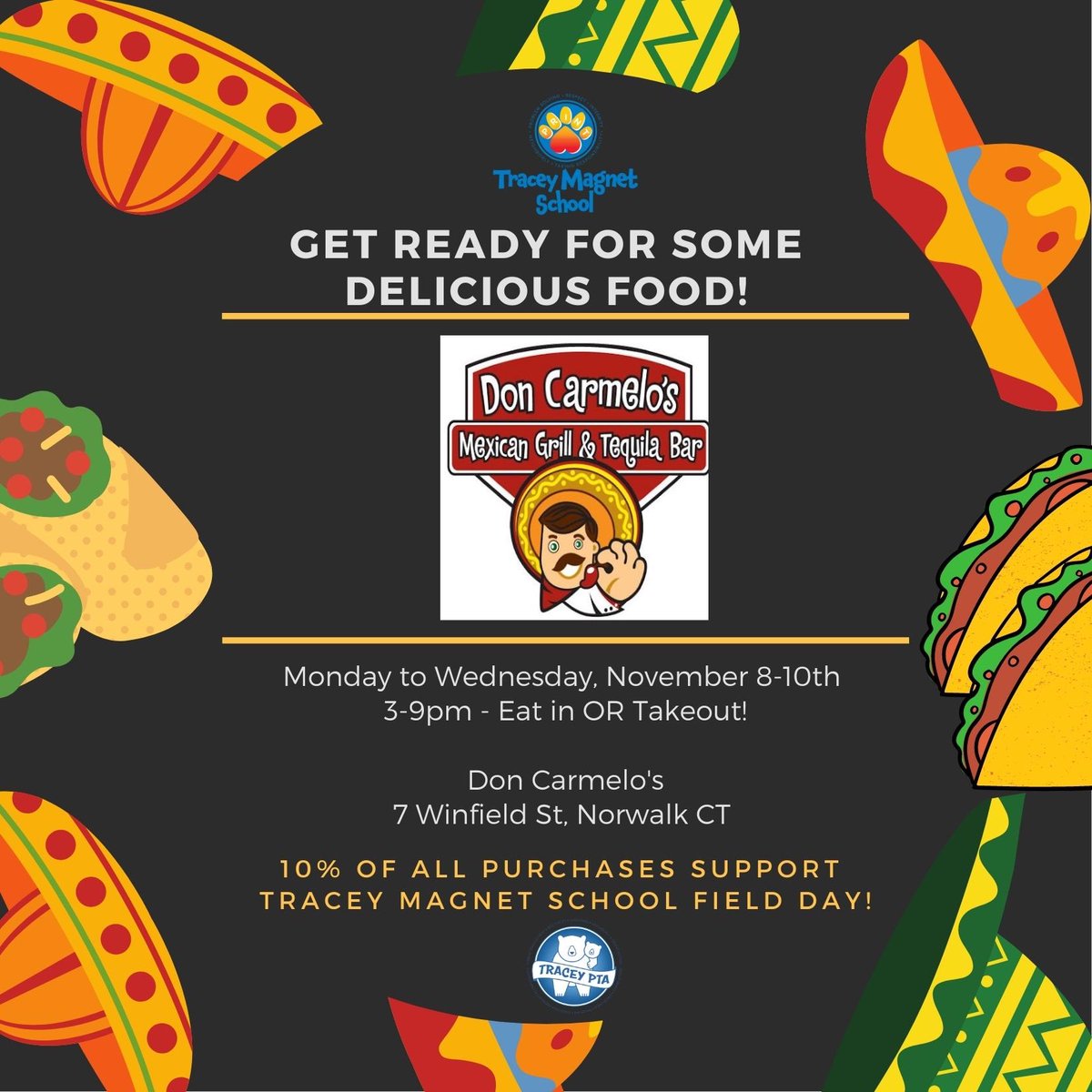 Last chance for Tracey Restaurant Night at Don Carmelo’s! Enjoy some delicious Mexican food and support our Tracey Cubs!