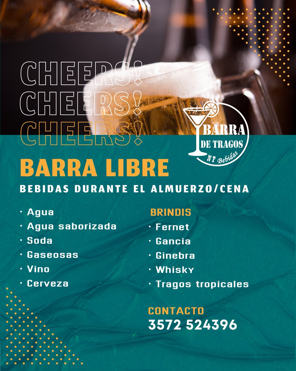 NF BEBIDAS🥂
Servicio de bebidas 

¿Se acerca tu fiesta?
Comunícate con nosotros y te asesoramos 
 
Teléfono: 3572 524396