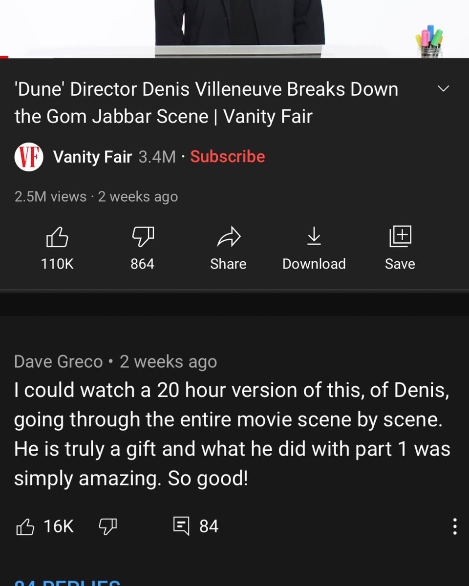 JohnnySobczak's tweet photo. You know Villeneuve has finally broken through to mainstream audiences when a 17-minute video of him discussing the Gom Jabbar scene has millions of views, and this is the top comment. https://t.co/HRkAQKp8zT