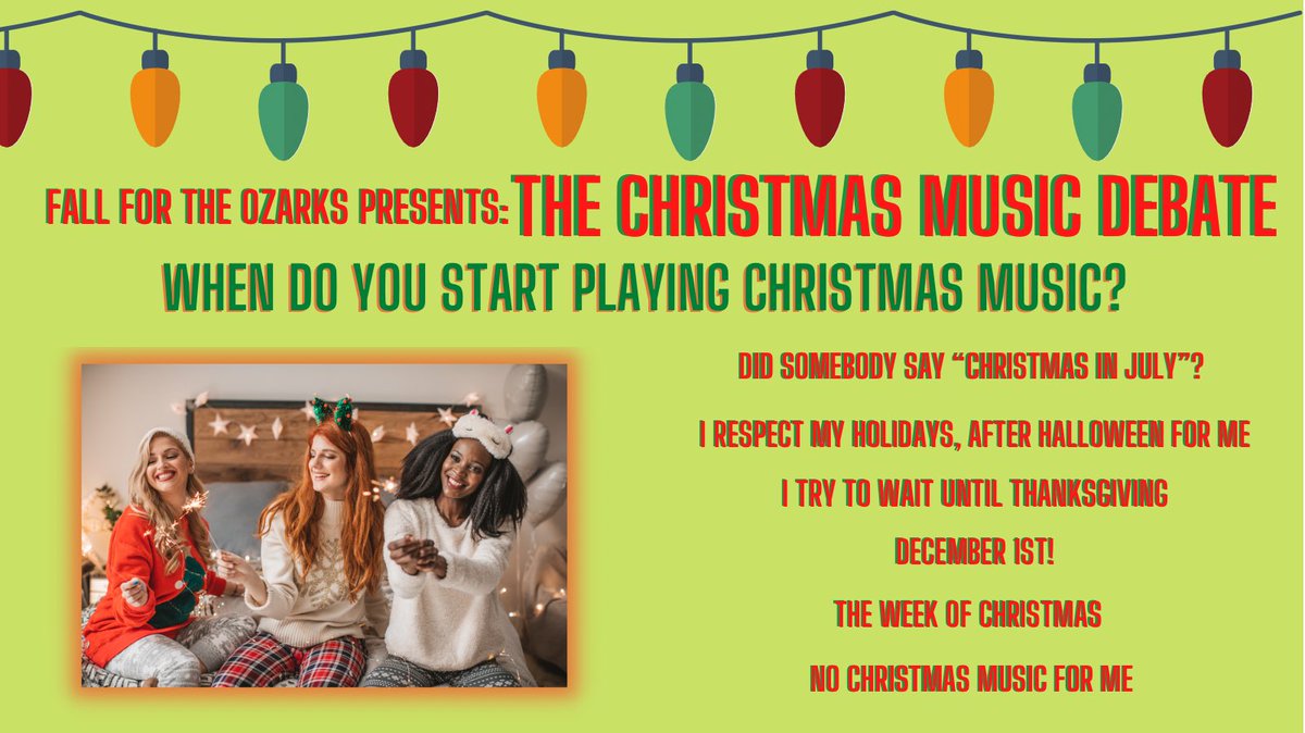 FallfortheOzark's tweet photo. We’ve been hearing things around the Ozarks, which means its now time for our #ChristmasMusicDebate
 
Sound off in the comments and share with your friends to find out what they say! 

#FallForTheOzarks #Christmas #ChristmasMusic #Debate #Springfield #MO https://t.co/CJFsnNCdai