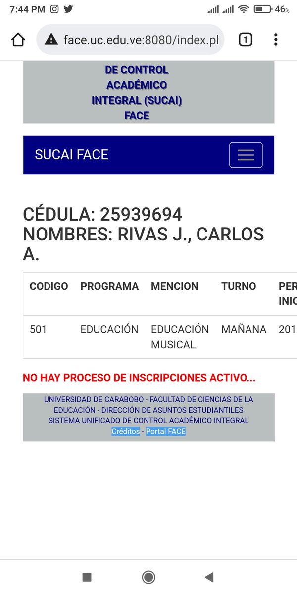 Carlux09's tweet photo. @FaCE_UC @DAE_FaCE_UC @UCarabobo @TiempoUC Saludos me dice la página que aún no hay proceso de inscripción activo https://t.co/rkLUwOJ7QO