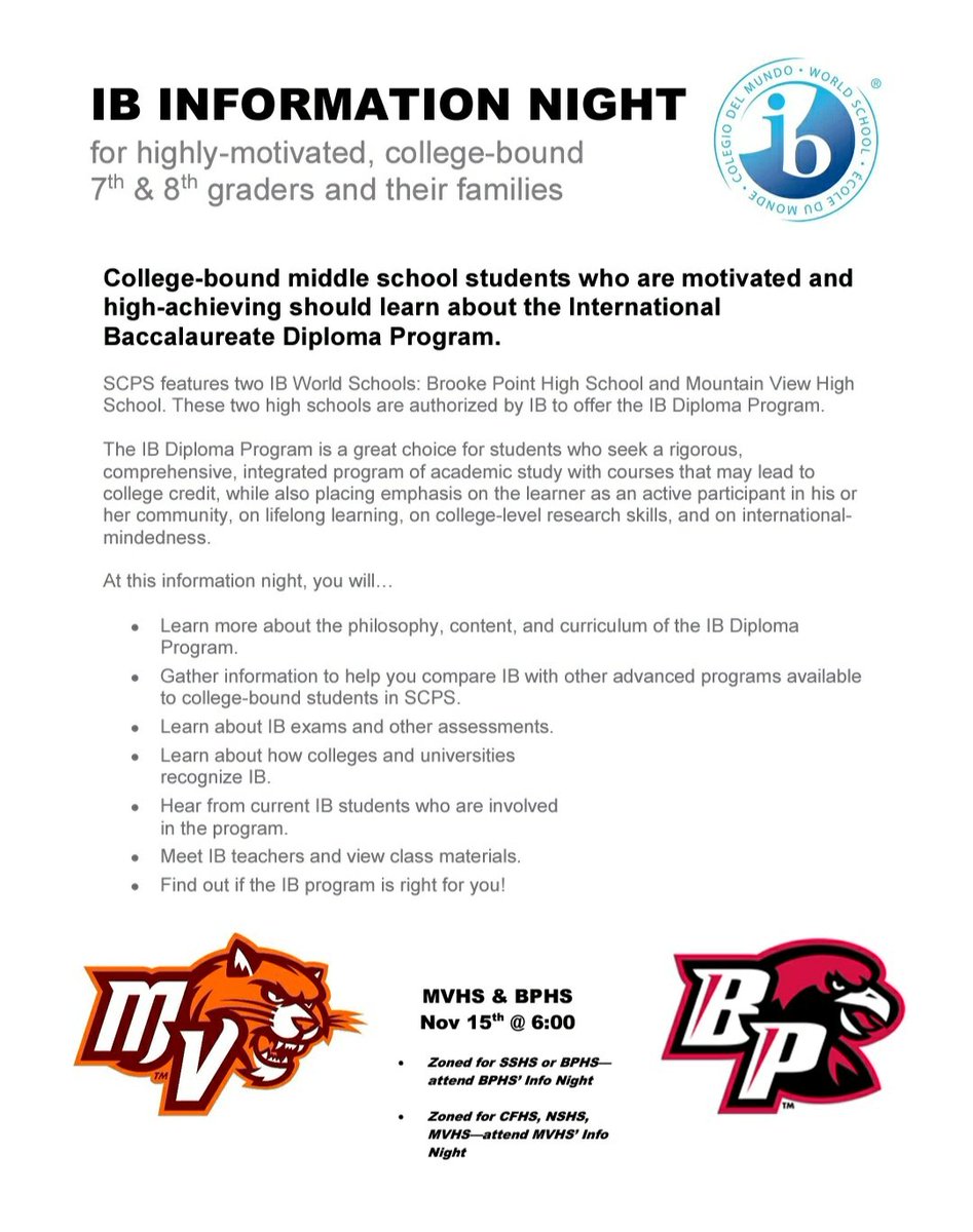 IBatMV's tweet photo. Join us this Monday 11/15 at 6 for IB Info Night! @AG_Wright @HHPMUSTANGS @RTMSPTO @LibrarianRTMS @GaylePanthers @SCPSchools @staffordmiddle @DixonSmithMS @Shirley_Heim_MS #viewpride @brooke_point https://t.co/6O3WIBKffa