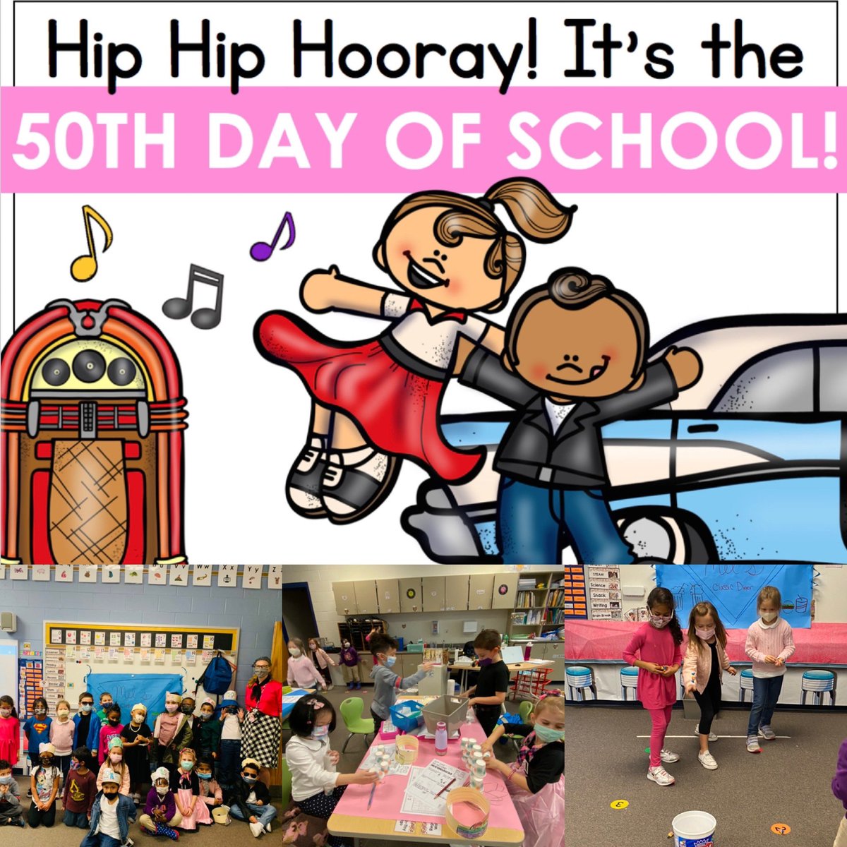 MsLebling's tweet photo. We had so much fun celebrating the 50th Day of School! We did 50 second challenges, learned new dances during our Sock Hop, enjoyed root beer floats, and so much more! #lebling117 @KyleRWilsonES https://t.co/DLWUJnAzP7