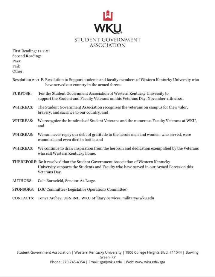 Thank you <a href="/WKUSGA/">WKU SGA</a> and senator at large Cole Bornefeld, for passing this resolution of support for our student veterans and faculty/staff that have served in the military. #WKU