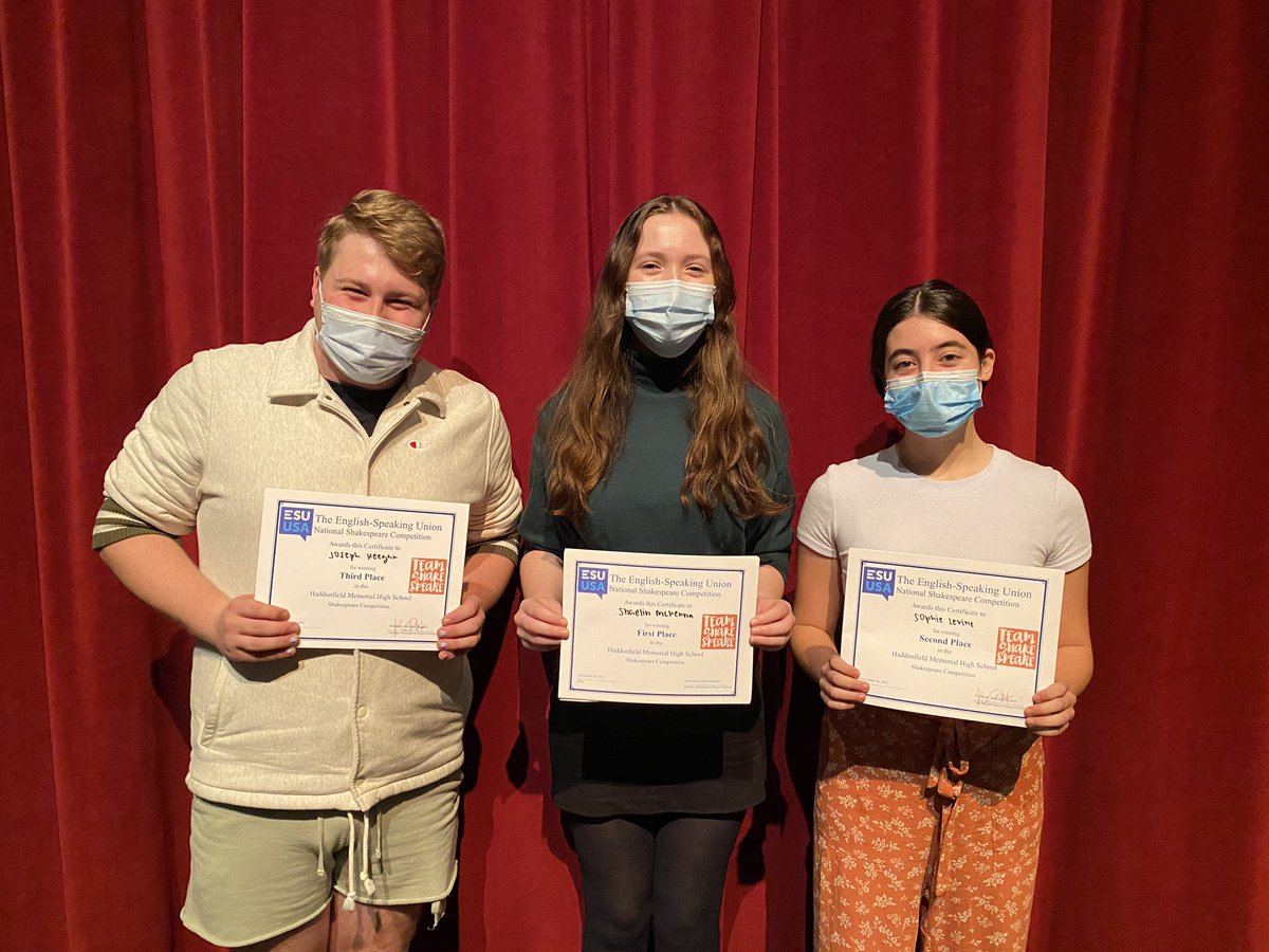 ShakespeareHMHS's tweet photo. CONGRATULATIONS to all of our @HaddonfieldHS Shakespeare Competition participants &amp; winners:

🥇- Shaelin M. 
🥈- Sophie L. 
🥉- Joseph K.

First and second place will be moving onto the @ESU_US Princeton branch competition in February! We’re so proud of our amazing SHX Troupe! https://t.co/xoXklcqoDl