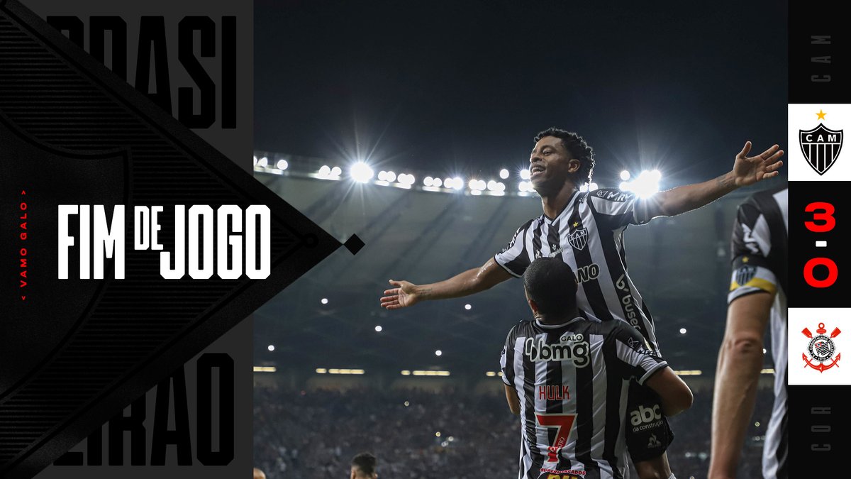 Atletico's tweet photo. ⚫⚪💪🏽 FIM DE JOGO! DIANTE DE MAIS DE 58 MIL PESSOAS, O ATLÉTICO VENCE O CORINTHIANS NO MINEIRÃO, 3 A 0, E SEGUE DISPARADO NA LIDERANÇA DO @BRASILEIRAO!

⚽️ Diego Costa, Keno e Hulk marcaram para o #Galo.

⚔️ #TodoJogoÉDecisão #VamoGalo #CAMxCOR 🏴🏳️ https://t.co/sRCB4kwXUK