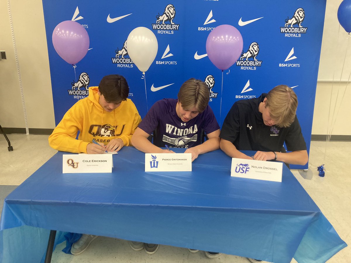 WHSBaseballMN's tweet photo. Signing Day at WHS!Always love talking about great kids especially when they have done great things in &amp; for our program. Congrats to all 10 of our  @WHSRoyalPride athletes who signed today,but especially our baseball guys @noland_7 @ColeErickson11 &amp; @piercegritz #Family #Royals https://t.co/pmlQgyzDVu