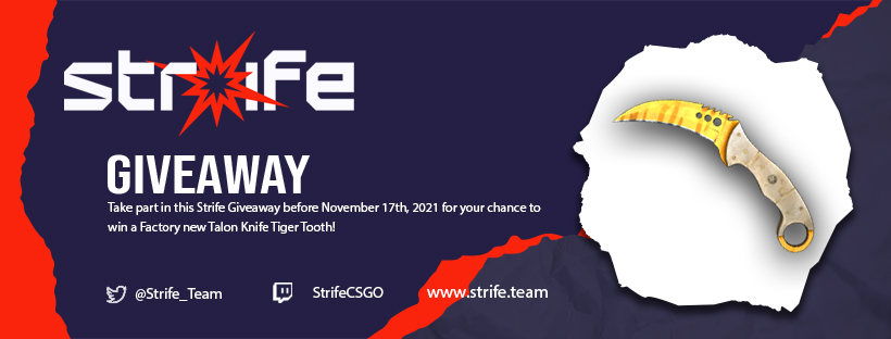 Strife_Team's tweet photo. To celebrate the start of another Strife CS:GO season, we're giving away this knife!

Talon Knife | Tiger Tooth Factory New [$500+]

How to enter:

- Follow @Strife_Team
- Retweet
- Tag 1 friend

We will roll the giveaway on 11/17 at the end of our match against "Springroll"! https://t.co/BOzTkS1P0f
