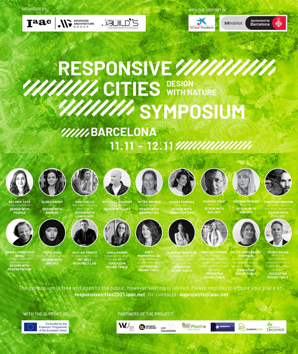 AretiMark's tweet photo. We are organizing the 4th edition of #ResponsiveCities Symposium! This years theme: #DesignwithNature 🦚 🦎 looks at design strategies for implementation of Nature Based Solutions and the emerging ecologies in cities. 11th -12th of Nov. @iaacbcn with the support of great parters https://t.co/7Vh0tbcZF8