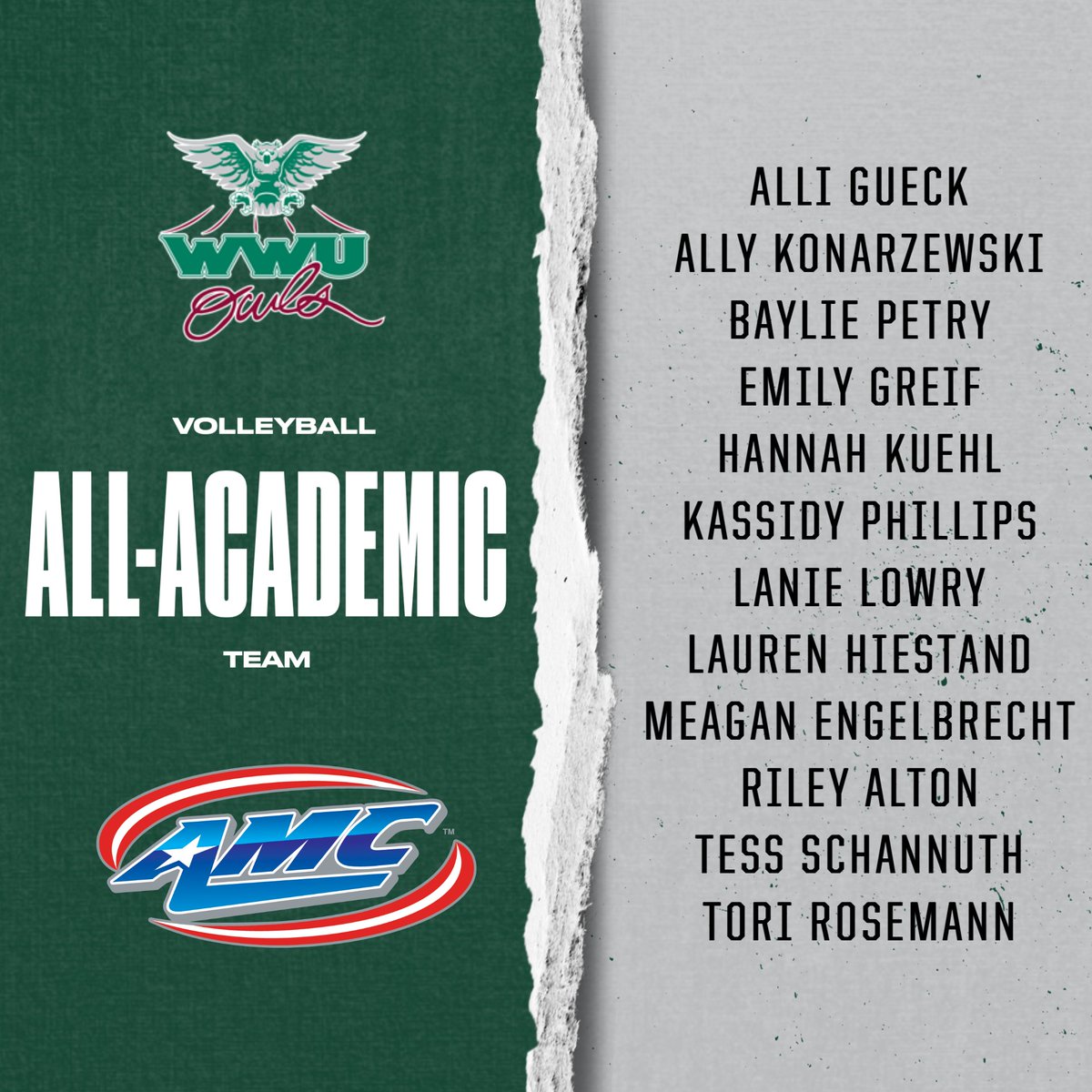 wwuowls's tweet image. Congratulations to the @wwuowlsVB student-athletes on being named to the Academic All-AMC Team!