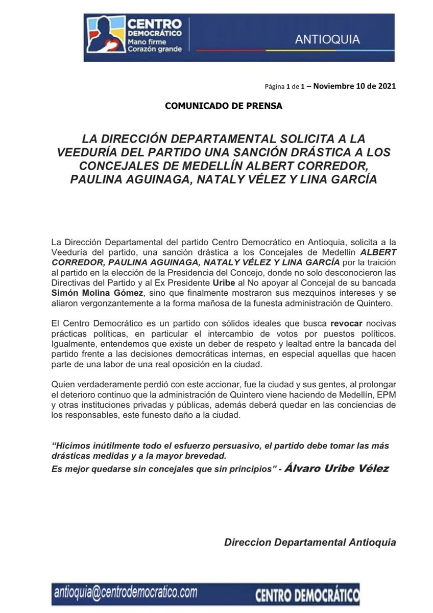 Posición de la dirección departamental con relación a la traición realizada por los Concejales <a href="/AlbertCorredor/">Albert Corredor</a> <a href="/NatalyVelezL/">Nataly Vélez</a> <a href="/PauAguinaga/">Paulina Aguinaga</a> <a href="/LinaGarciaGanan/">Lina Garcia-Gañan</a> a su partido <a href="/CeDemocratico/">Centro Democrático</a> en la elección de la Presidencia del <a href="/ConcejoMedellin/">Concejo de Medellín</a>