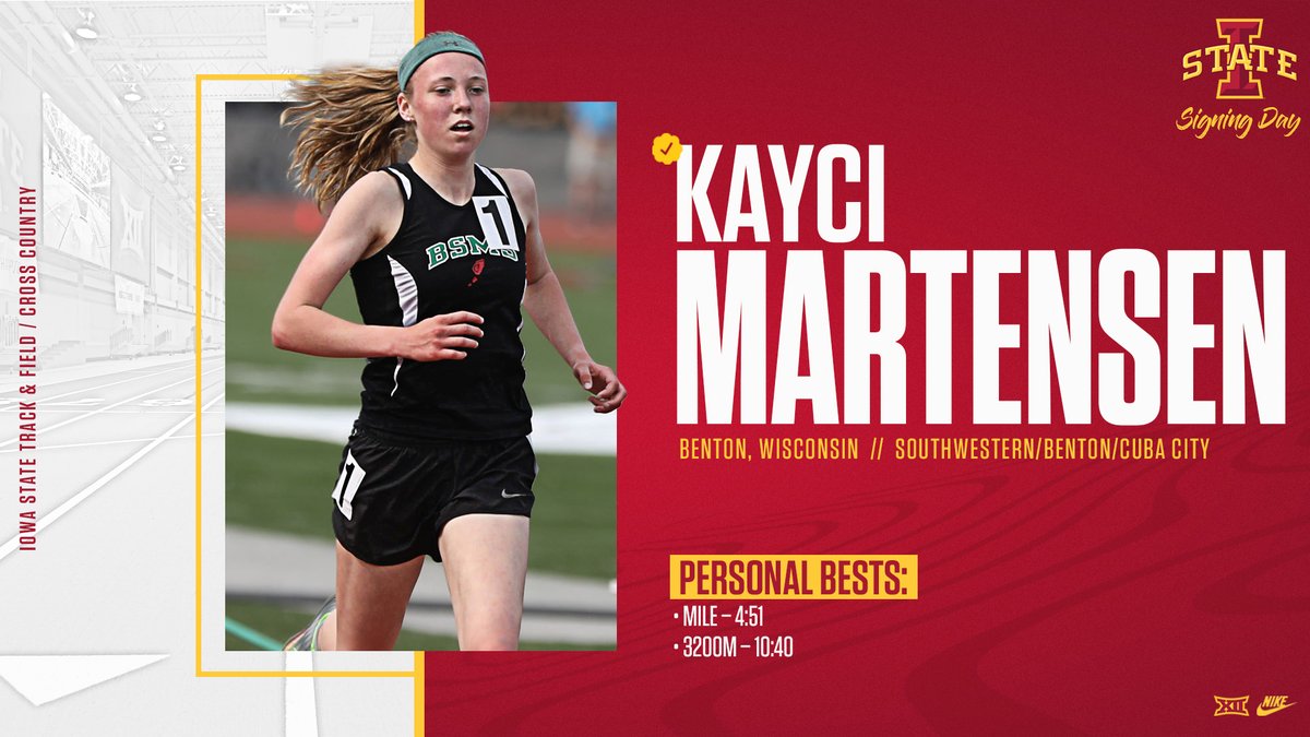 CycloneTrackXC's tweet photo. Welcome to Iowa State Kayci Martensen!
πͺοΈ 9-time Wisconsin High School State Champion
πͺοΈ One of five women Wisconsin HS history to win three XC state titles
πͺοΈ Won 800m, 1,600m and 3,200m at 2021 Wisconsin T&F State Championships
#CycloneSZN #Run4ISU https://t.co/NlOxdlIs4E