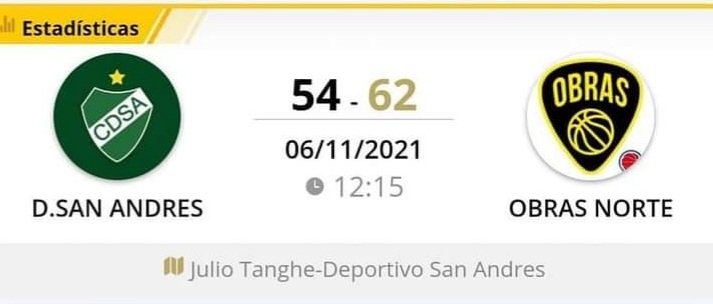 #DivisionesFormativas
Torneo Transitorio 2021 <a href="/FEBAMBAok/">FEBAMBA</a>
Zona Norte 1 - Fecha 8
San Andrés vs Obras
U13: 87-29 ⬆️ 
U15: 54-62 ⬇️
#VamosDepor 🏀💚🇳🇬