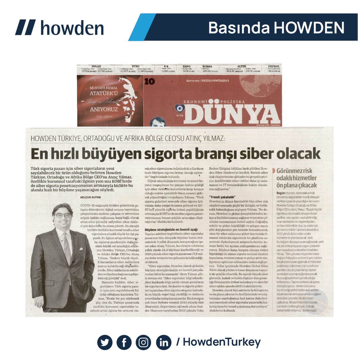HowdenTurkey's tweet photo. Dünya Gazetesi 'nde yer alan "En hızlı büyüyen sigorta branşı siber olacak" başlıklı haberimiz.
.
.
.
#HowdenGroup #HowdenTurkey #insurance #reinsurance #cyberrisks #cyberinsurance #siberriskler #sibersigorta https://t.co/Cc47raYDEO