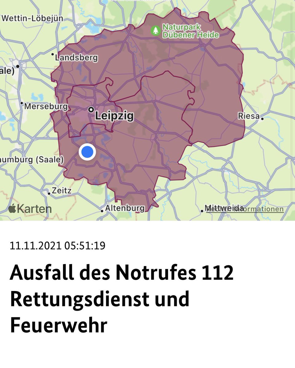 kfv_lkl's tweet photo. +++ ACHTUNG +++ 

Es gibt einen flächendeckenden Ausfall des Notrufes 112 im gesamten Bereich der Leitstelle Leipzig. Die Leitstelle ist aktuell nur über die Standartrufnummer: 0341 55 00 44 000 erreichbar. Bitte wählen Sie im Notfall vorübergehend diese Nummer. #landkreisleipzig https://t.co/VuIS7EuxTC