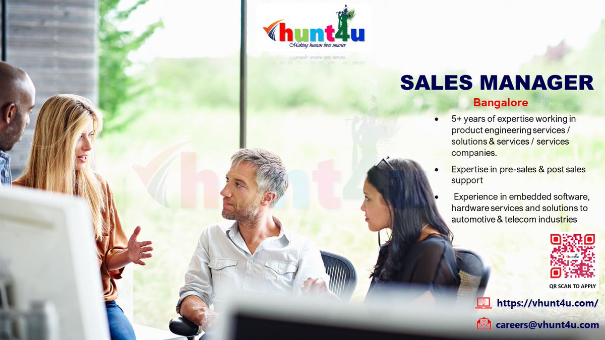 Recruiting 'Sales Manager' for fulltime opportunities at Bangalore. For other exciting opportunities visit vhunt4u.com
#salesandmarketingjobs #salescareers #sales #automotiveindustry #embedded #itsolutions #hardware #software  #semiconductors #salesexecutives #India