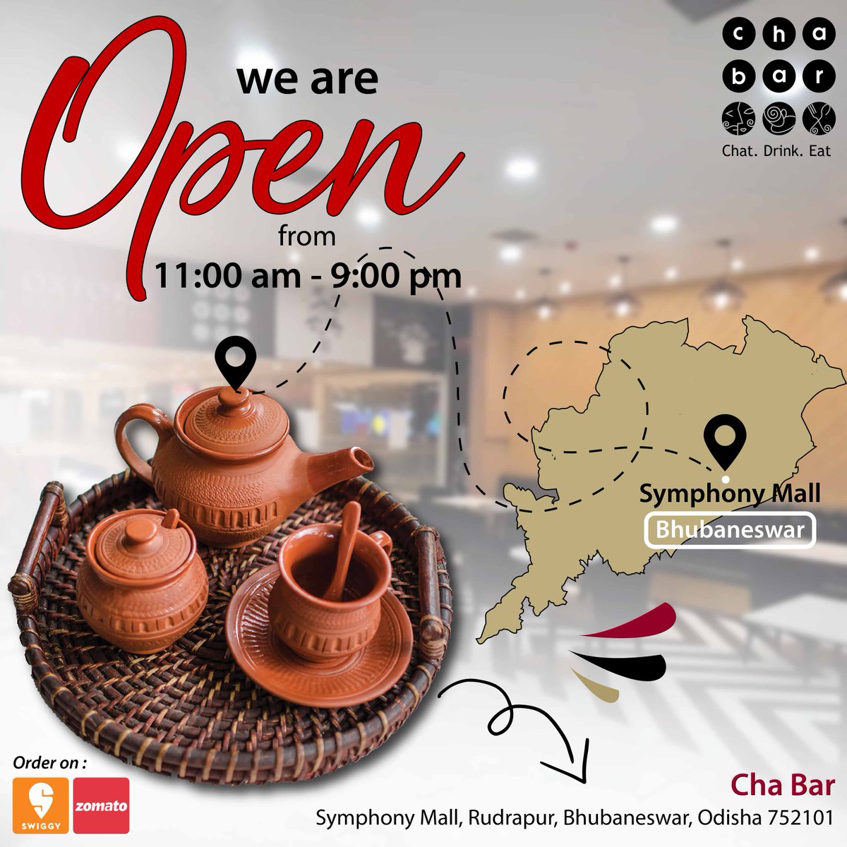 chabarofficial's tweet photo. Cha Bar Bhubaneswar is open for dine-in from 11 AM till 9 PM everyday of the week with all safety precautions in place.

We look forward to serving you our delicious beverages and scrumptious delights in the truly comforting ambience of our store. 

#ChaBar #ServingNow #DineIn https://t.co/78pqTlC165