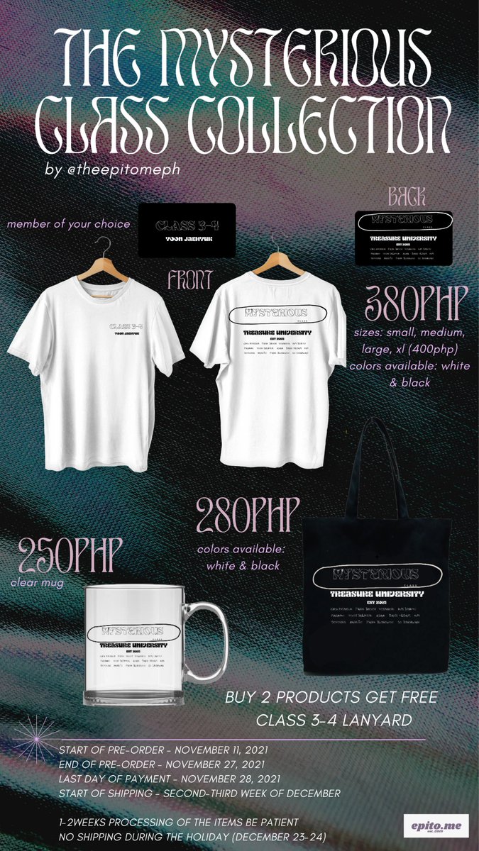 thepitomeph's tweet photo. ꒰ TREASURE ꒱ THE MYSTERIOUS CLASS 
FANMADE MERCH by @theepitomeph
class 3-4 shirt, totebag &amp; clear mug

ꔛ 250-380php
⤷ doo - 11/11 - 11/27
⤷ dop - 11/11 - 11/28
𓏔 https://t.co/rrcpvCuNvu

ph giveaway! rt + mbf + tag 3 mutuals. winner will receive one class 3-4 t-shirt. https://t.co/9rB3JBx1te